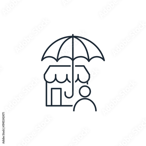 A store and a salesperson under an umbrella. Market protection. Vector linear icon illustration isolated on white background.