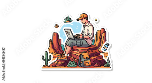 man sitting on rock with laptop in desert landscape