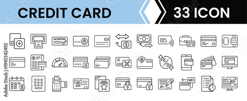 Outline Credit Card Icon Set in Line Art Style for Online Payment, Banking, Money Management, and Digital Interface Design