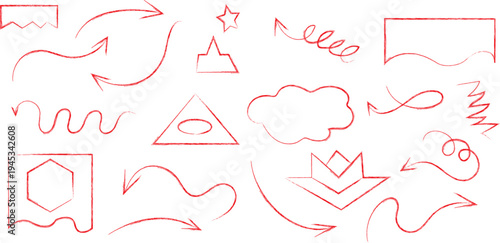 Hand-Drawn Red Doodle Arrows and Shapes Elements Collection – Sketch Vector Set