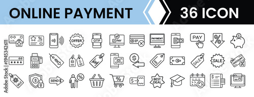 Outline Online Payment Icon Set in Line Art Style for E-Commerce, Mobile Wallet, Banking, and Digital Interface Design