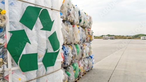 Tableau sur toile Large bales of compressed plastic bottles with a green recycling symbol stacked outdoors, highlighting waste management and recycling efforts