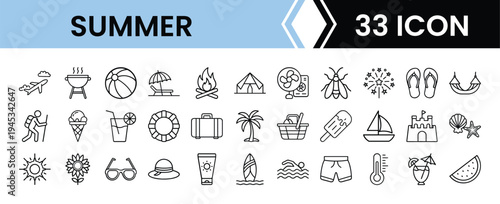 Outline Summer Icon Set in Line Art Style for Beach, Holiday, Travel, Outdoor Fun, and Digital Interface Design