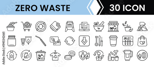 Outline Zero Waste Icon Set in Line Art Style for Eco-Friendly Living, Recycling, Sustainability, and Digital Interface Design