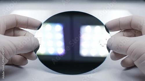 Precision cleanroom technology Gloved hand holds shiny silicon wafer, circular semiconductor disc showing microchip patterns, driving innovation
