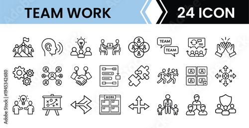 Outline Teamwork Icon Set in Line Art Style for Cooperation, Team Projects, Human Resources, and Digital Interface Design