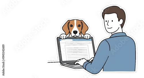 Man working on laptop with dog looking over his shoulder