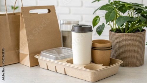 Eco-friendly disposable cups, containers, and bags made from biodegradable materials are displayed alongside a green houseplant on a light wooden surface.