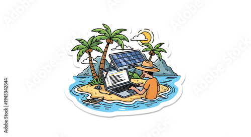 Solar powered laptop on a tropical island beach cartoon