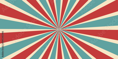 Circus or carnival rays background layout with vector grunge texture. Retro spiral pattern with red, white and blue radial stripes of vintage circus, carnival, fair or chapiteau big top tent