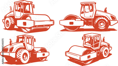 Hand Drawn Road Roller Set Vector Illustration, Construction Roller Machine Sketch Collection.