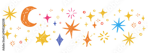 Star border spark crayon bling falling stars textured hand drawn divider. Simple pencil festive shiny space elements, moon, festive lights 