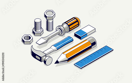 Engineering project in embodiment implementation concept, engine work progress, gears and cogs with pencil and tools, 3D isometric vector illustration.