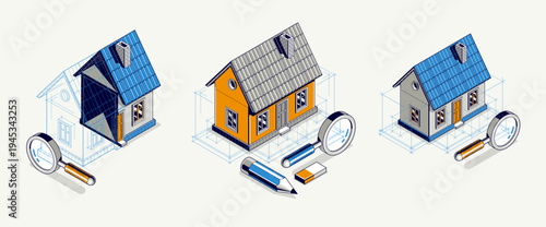 Country or town house project concept set, 3D isometric vector illustration of a small house building project, countryside small house in village or outskirt.