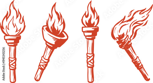 Hand Drawn Burning Torch Set Vector Illustration, Fire Torch Sketch Collection.