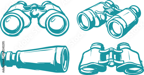 Hand Drawn Binoculars Set Vector Illustration, Optical Field Glasses Sketch Collection.