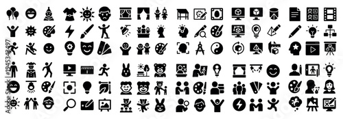 Activity icons with people faces objects glyph