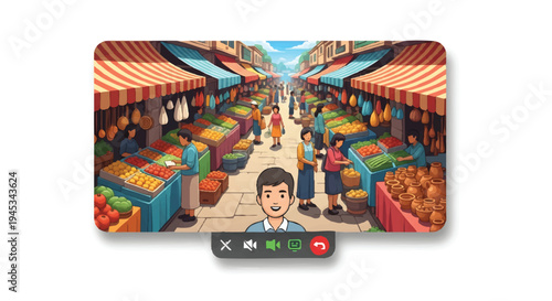 Vibrant market scene with cartoon man and colorful stalls