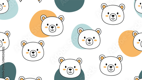 Seamless repeating pattern of cute white bear heads surrounded by colorful abstract circles in blue and orange on a white background.