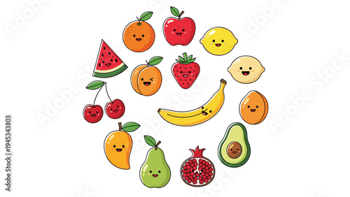 Large collection of diverse fruit characters with cute faces arranged in a circular group including apple banana orange and berries.
