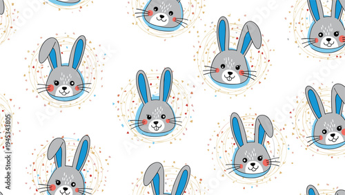Cute repeating pattern of gray rabbit heads inside decorative floral circles with blue ears and pink cheeks on a white background.