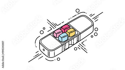 Colorful illustration of a travel medicine pill box container holding small capsules in pink blue and yellow for health management.