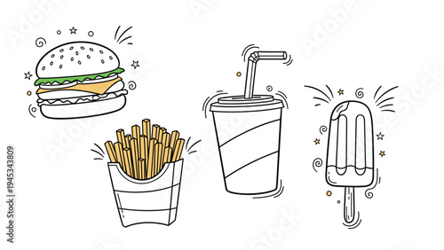 Collection of fast food sketches including a hamburger french fries soda and ice cream bar with decorative doodles on a white background.