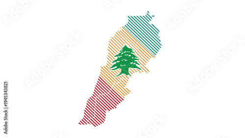 Stylized map of Lebanon composed of diagonal colored stripes in red and yellow with the green cedar tree symbol in the center.