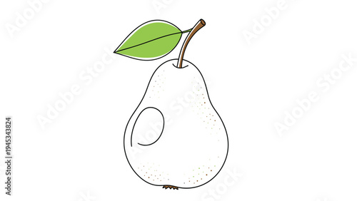 Simple black and white line drawing of a pear with one green leaf and subtle stippling texture isolated on a white background.