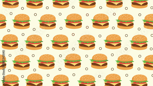 Seamless repeating pattern of classic hamburgers with lettuce and cheese accompanied by small open circles on a light yellow background.