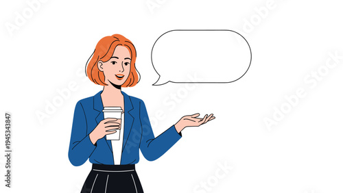 Professional woman with red hair wearing a blue blazer holding a coffee cup and gesturing next to a blank white speech bubble.