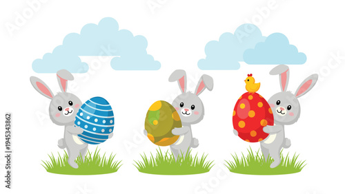 Group of three cute gray Easter bunnies each holding a large decorated egg while standing on green grass under clouds on white.