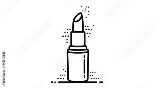 Simple black and white line art icon of a lipstick tube with decorative dots for beauty cosmetics and fashion industry design on white.