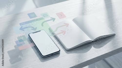 スマートフォンとノートに重なるフロー図で表した作業導線イメージ