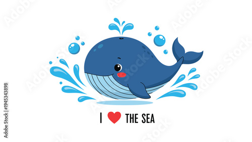 Cute cartoon whale jumping out of blue water with splashes and bubbles and the text I love the sea underneath for ocean lovers.