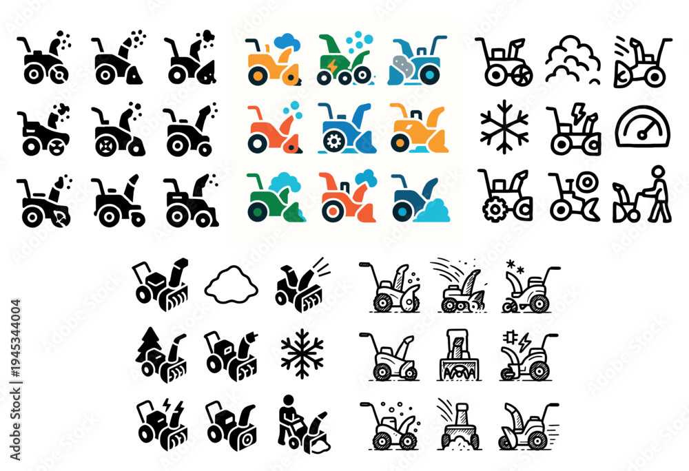 Fototapeta premium Winter tools icons with snowblower and plow flat