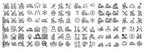 Tools icons with wrench shovel tractor outline