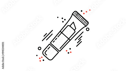 Stylized line art illustration of a cosmetic tube or lipstick container surrounded by small dots and motion lines for beauty.
