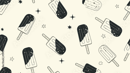 Seamless pattern featuring starry black and white popsicles with stars on a light cream background for a celestial summer theme.
