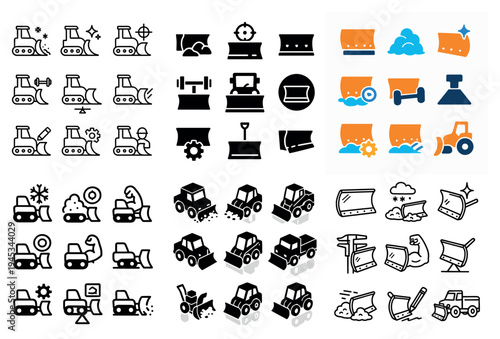 Construction icons with bulldozer plow tractor minimal