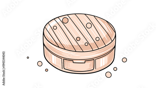 Round wooden box or container with a lid and small floating bubbles is shown in a soft pink hand drawn sketch for storage.