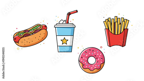 Vibrant set of fast food icons featuring a loaded hot dog, a soda cup with ice, French fries, and a pink sprinkled donut.