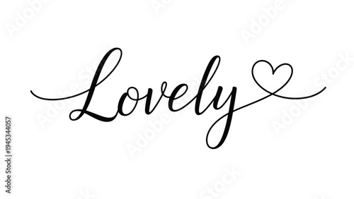 Elegant black script text reading Lovely ends with a delicate hand drawn heart on a clean white background for romance.