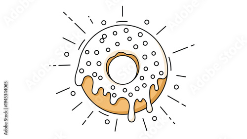 Delicious glazed donut with white icing and chocolate sprinkles is depicted with radiating lines for a fun food graphic.