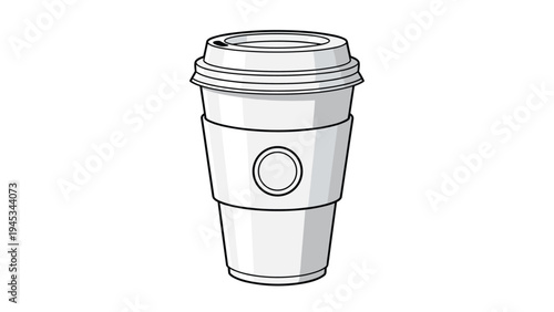 Minimalist grey to-go coffee cup with a sleeve and lid stands against a plain white background for modern lifestyle imagery.