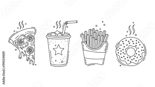 Black and white line art icons of a pizza slice, a soda cup with ice, French fries, and a sprinkles donut for a food menu.