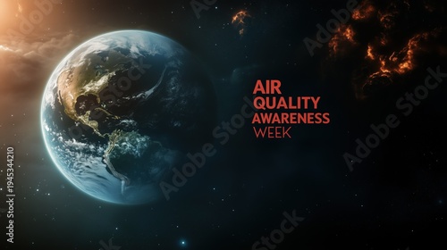 Air Quality Awareness Week:poster, planet Earth seen from space, one hemisphere lush green and blue with clean atmosphere, opposite hemisphere covered in brown toxic smog clouds and pollution haze