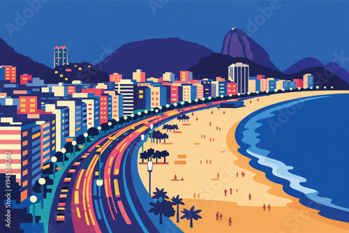 An aerial downtown skyline view of an illuminated urban city architecture at night where the coast meets the summer sea and ocean water