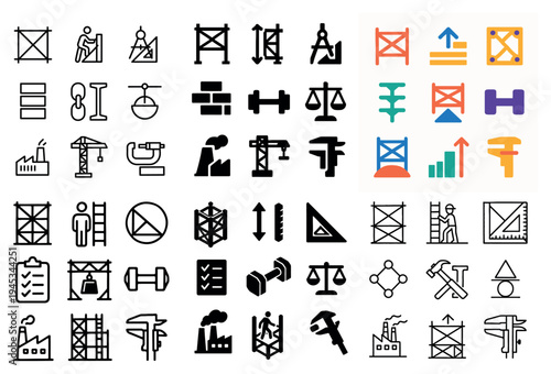 Construction icons with crane hammer scaffold flat