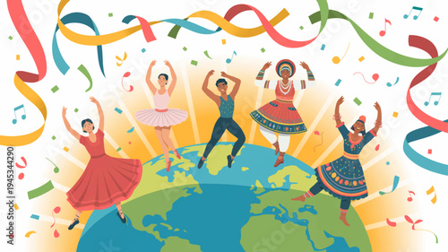 Diverse people dancing on globe with colorful ribbons and confetti celebrating joy and unity